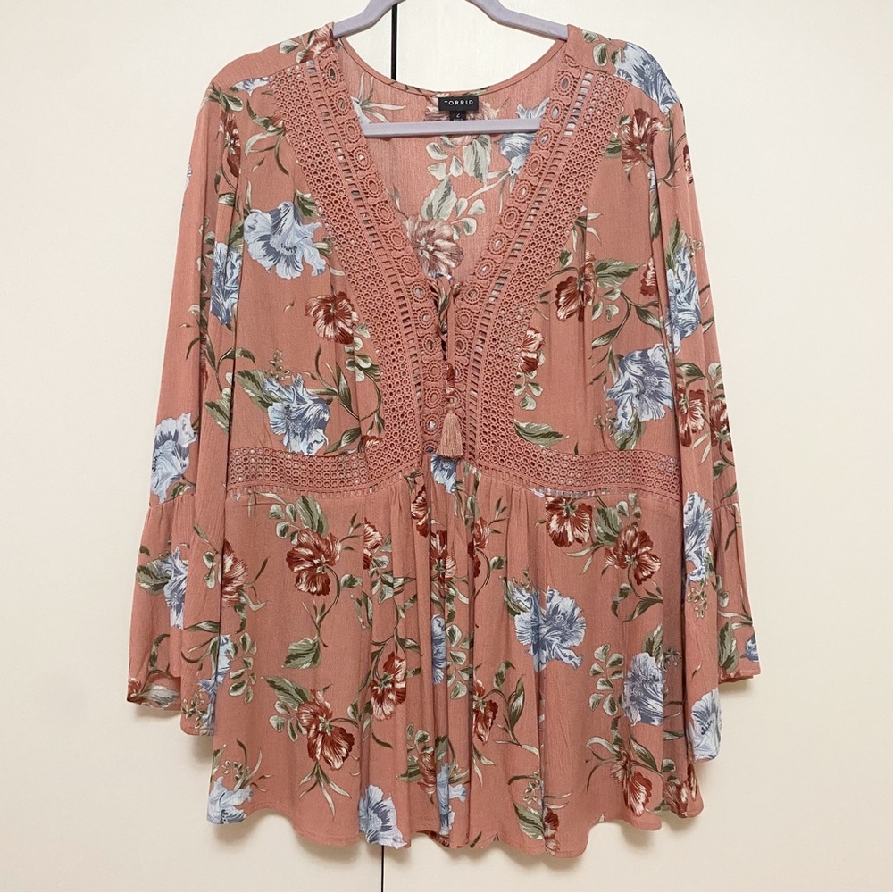 Torrid 2 Pink & Blue Floral Top with Lace Up Detail